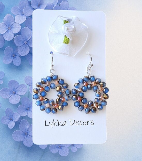 Zilo stikla pērlīšu auskari - “saulītes”